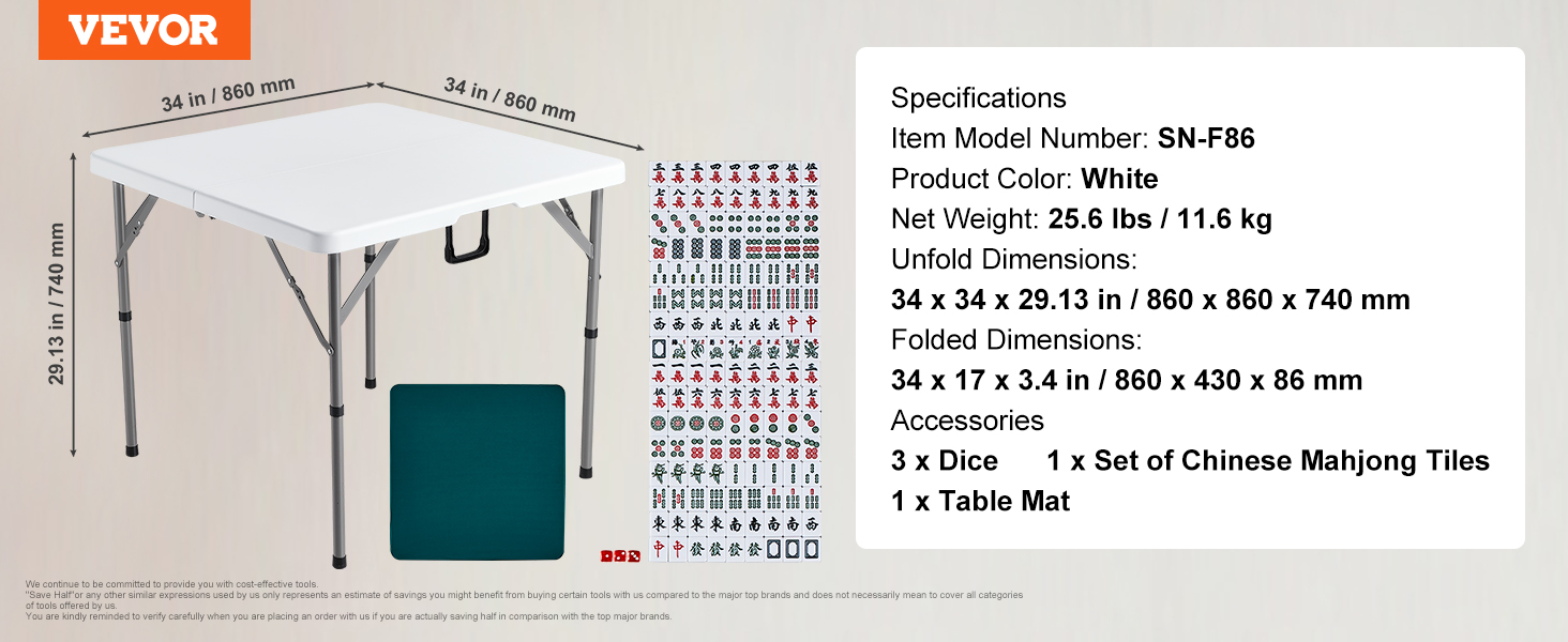 VEVOR mahjong table with foldable white top, 3 dice, mahjong tiles, and table mat. dimensions detailed.
