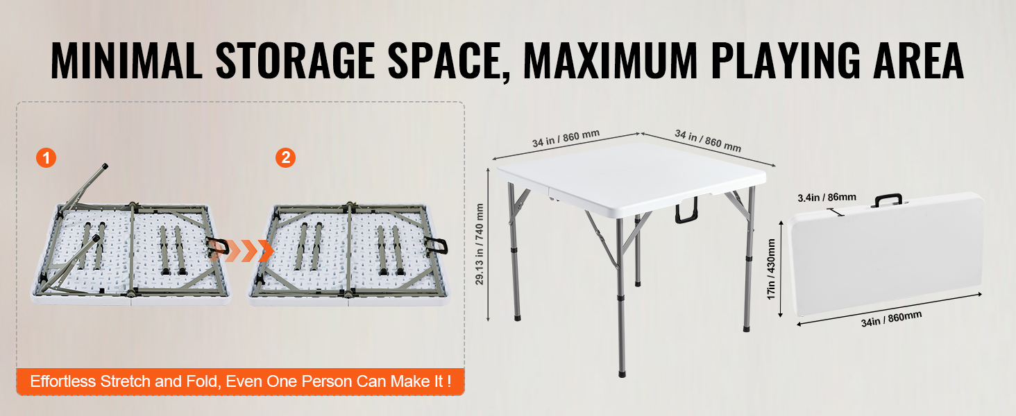 VEVOR mahjong table folded and assembled dimensions with minimal storage, maximum playing area.