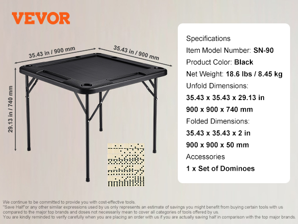 VEVOR mahjong table, model sn-90, black, 35.43x35.43x29.13 in, 18.6 lbs, includes dominoes set.