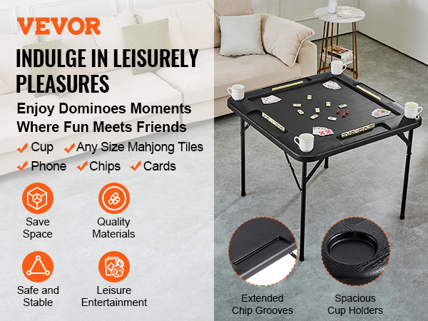VEVOR mahjong table with cup holders, extended chip grooves, and mahjong tiles on a cozy living room setup.