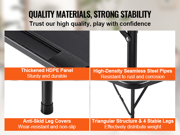 quality materials of VEVOR mahjong table: thickened hdpe panel, seamless steel pipes, anti-skid leg covers.