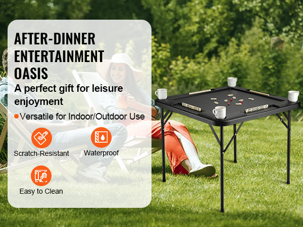 VEVOR mahjong table set up outdoors, emphasizing scratch-resistant, waterproof, and easy-to-clean features.
