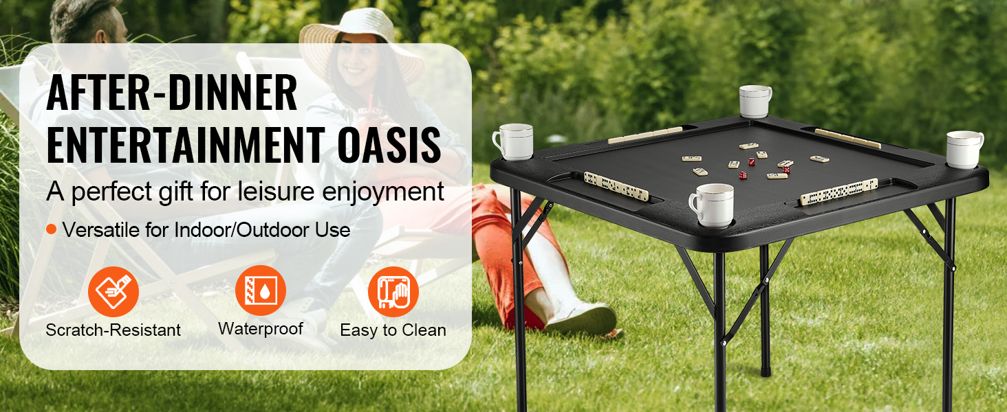 VEVOR mahjong table set up outdoors, emphasizing scratch-resistant, waterproof, and easy-to-clean features.