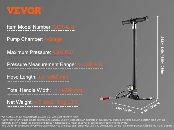 VEVOR pcp hand pump with dqt-4jh model number, 4500 psi max pressure, and a 1.8 ft hose length.