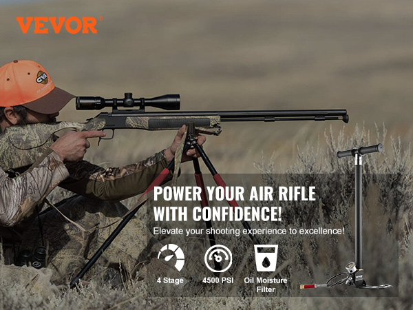 hunter using an air rifle in the field with VEVOR pcp hand pump, promoting 4500 psi and oil moisture filter.