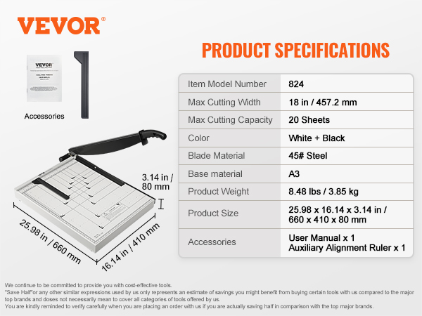 VEVOR paper cutter specifications with 18-inch cutting width, 20-sheet capacity, and accessories.