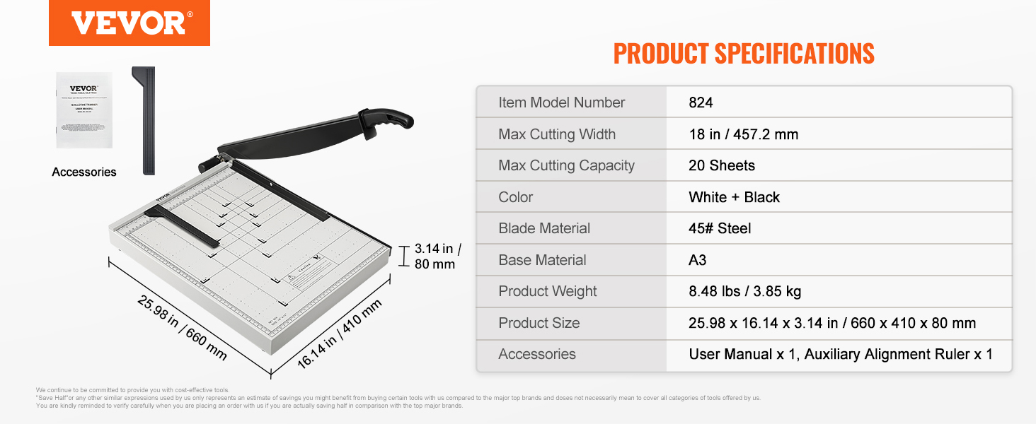 VEVOR paper cutter specifications with 18-inch cutting width, 20-sheet capacity, and accessories.