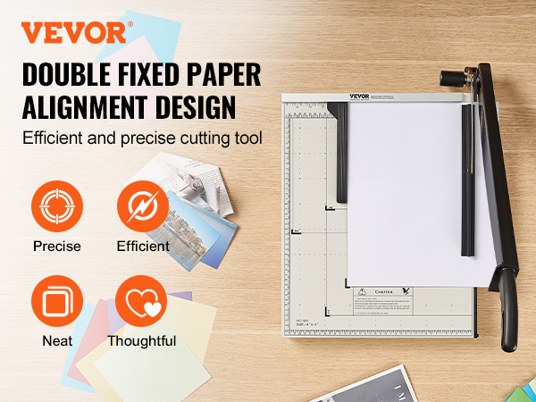 VEVOR paper cutter with double fixed paper alignment design, surrounded by colorful papers and photos.