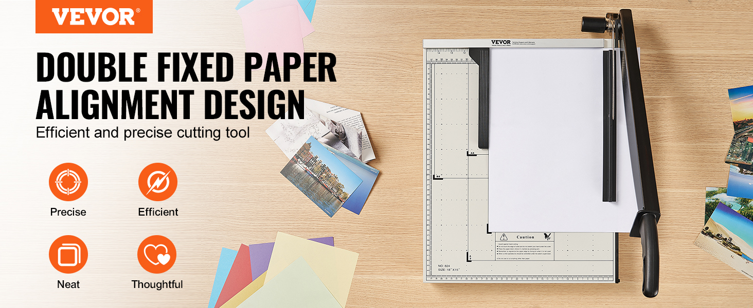 VEVOR paper cutter with double fixed paper alignment design, surrounded by colorful papers and photos.