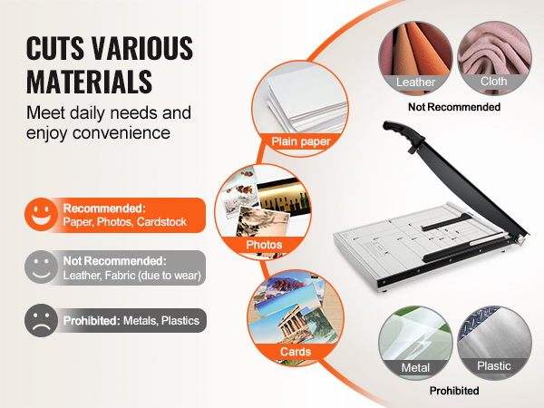 VEVOR paper cutter for paper, photos, and cards. not recommended for leather and fabric. avoid plastic and metal.