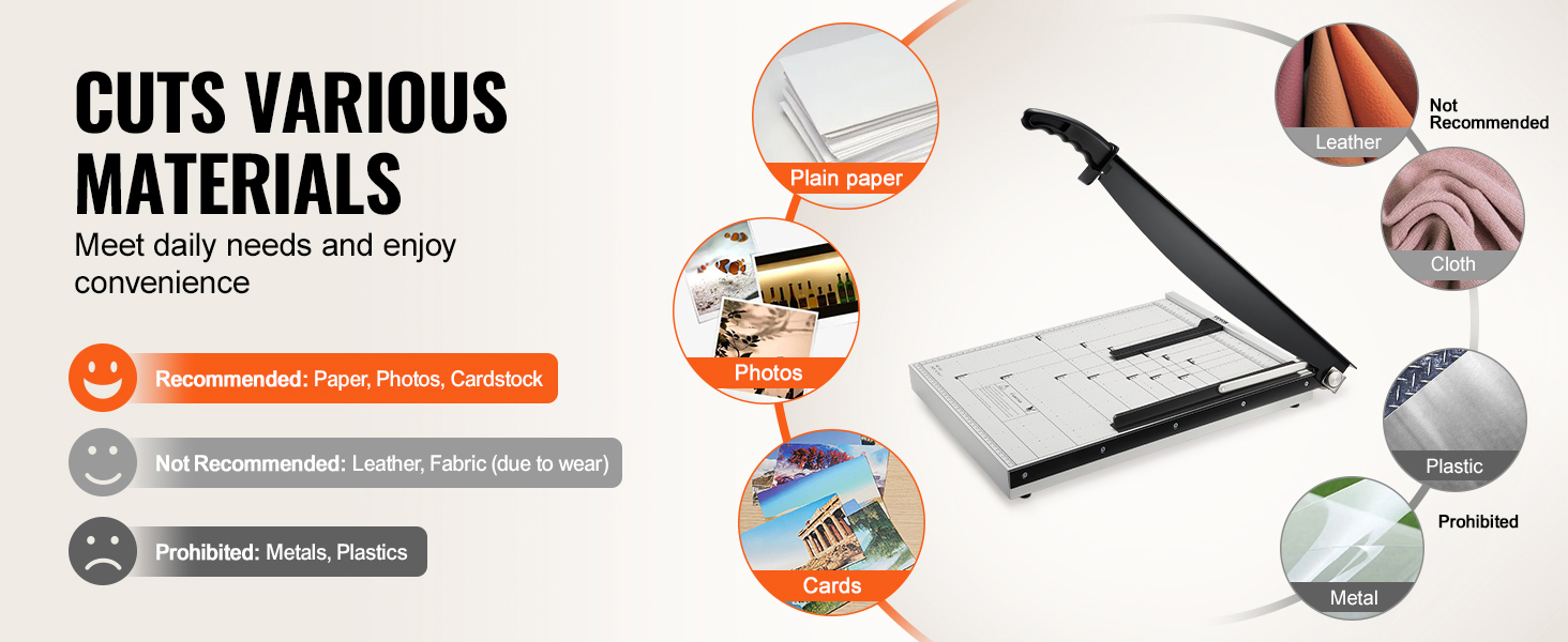 VEVOR paper cutter for paper, photos, and cards. not recommended for leather and fabric. avoid plastic and metal.
