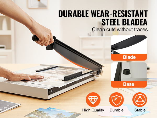 person using VEVOR paper cutter with a durable wear-resistant steel blade and stable non-slip base.