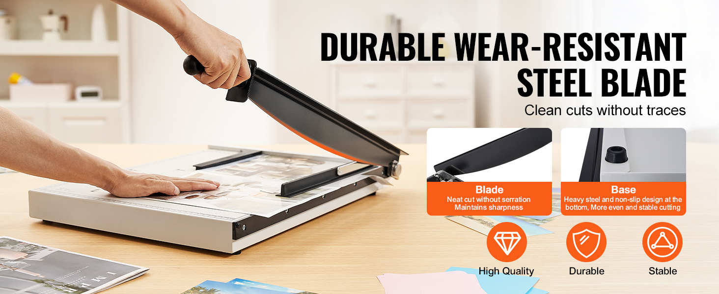 person using VEVOR paper cutter with a durable wear-resistant steel blade and stable non-slip base.