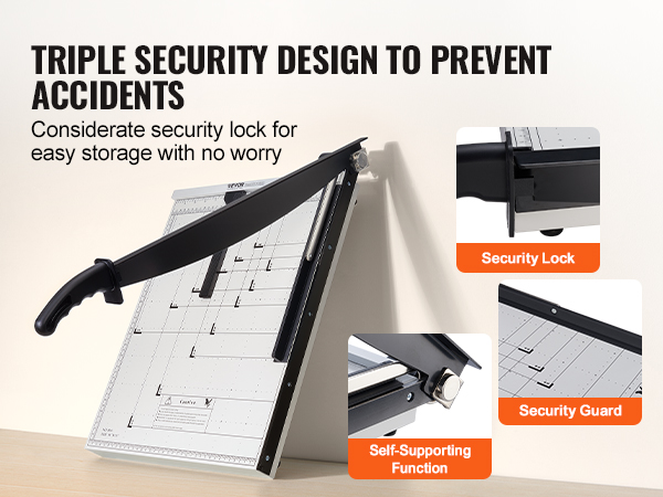 VEVOR paper cutter with triple security design to prevent accidents, featuring lock, guard, and blade support.