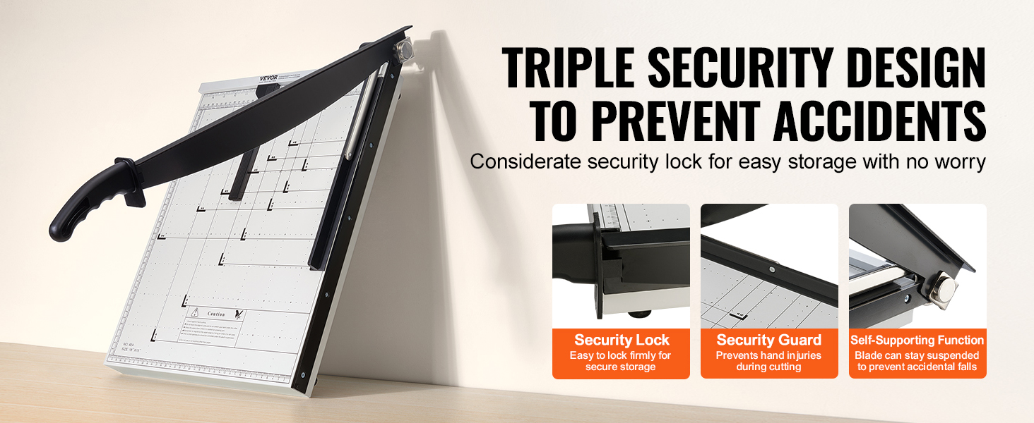 VEVOR paper cutter with triple security design to prevent accidents, featuring lock, guard, and blade support.