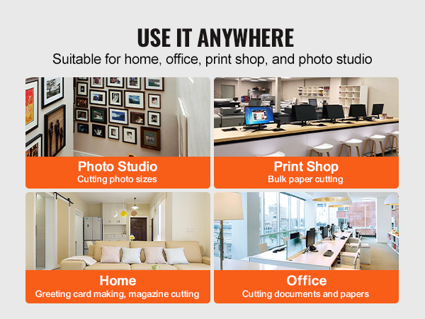 use the VEVOR paper cutter in photo studios, print shops, homes, and offices for versatile cutting needs.