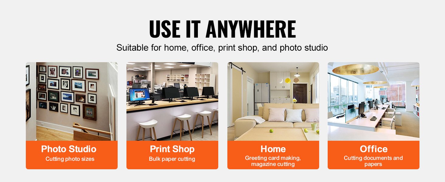 use the VEVOR paper cutter in photo studios, print shops, homes, and offices for versatile cutting needs.