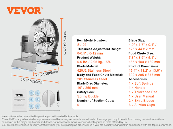 VEVOR vegetable slicer, stainless steel structure, 6 suction cups, adjustable thickness, 2 extra blades.