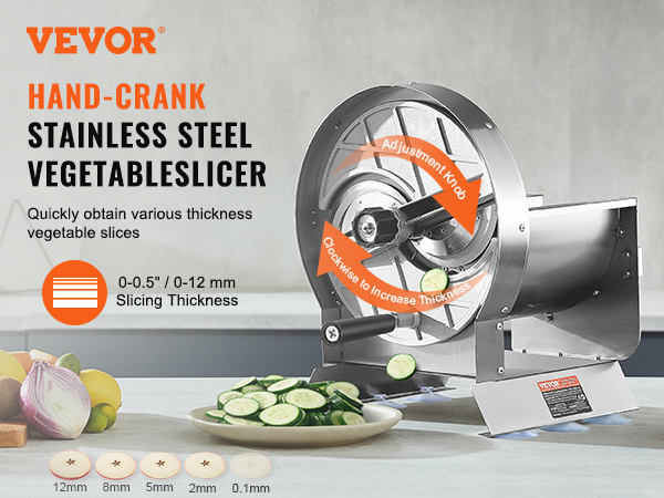VEVOR vegetable slicer with stainless steel hand-crank, adjustable thickness, and bowl of sliced veggies.