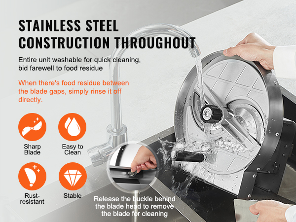 VEVOR vegetable slicer with stainless steel disc and blades being washed under faucet for easy cleaning.