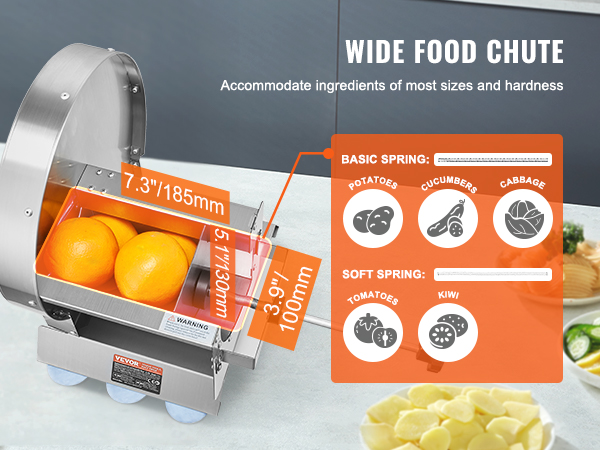 VEVOR vegetable slicer with wide food chute and dimensions for accommodating various ingredients.