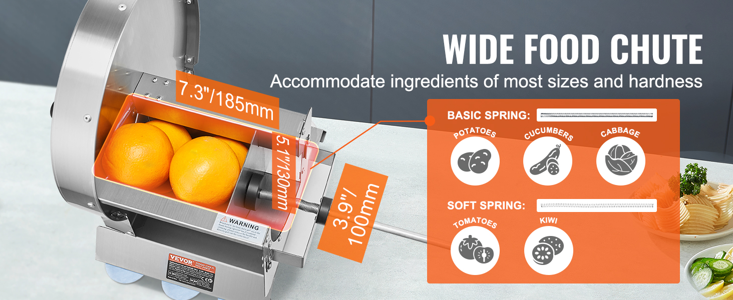 VEVOR vegetable slicer with wide food chute and dimensions for accommodating various ingredients.