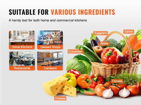 VEVOR vegetable slicer - ideal for home kitchens, dessert shops, restaurants, and canteens.