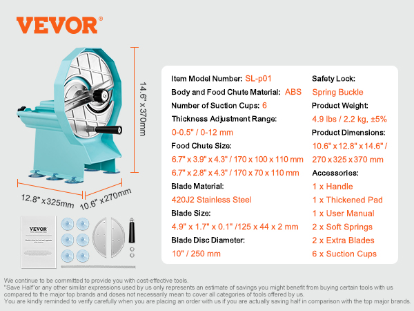 VEVOR vegetable fruit slicer with adjustable thickness, stainless steel blade, and multiple accessories.