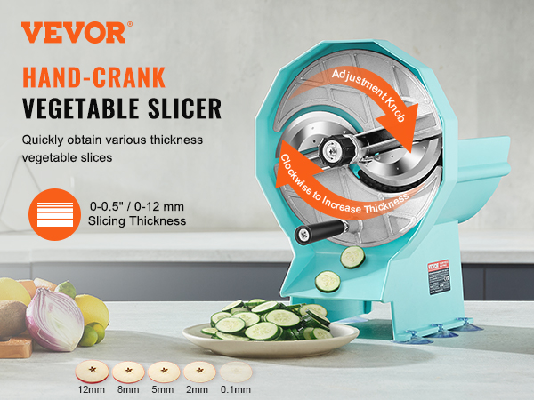 VEVOR vegetable fruit slicer with hand-crank, slices vegetables at adjustable thickness from 0.1mm to 12mm.
