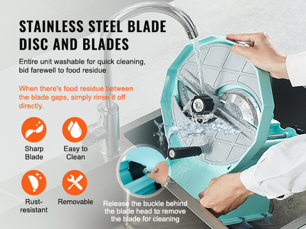 stainless steel VEVOR vegetable fruit slicer being washed under a faucet for easy cleaning.