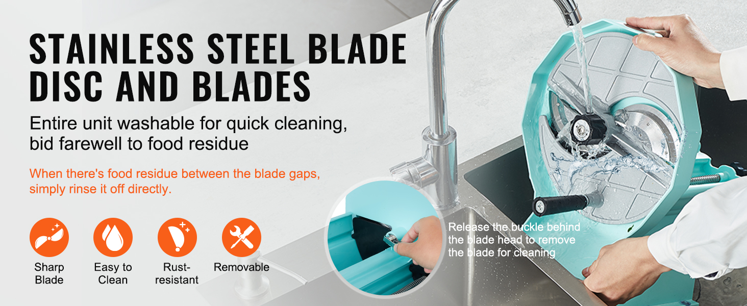 stainless steel VEVOR vegetable fruit slicer being washed under a faucet for easy cleaning.