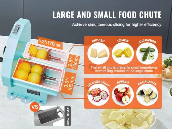 VEVOR vegetable fruit slicer with large and small chutes for efficient slicing of various foods.