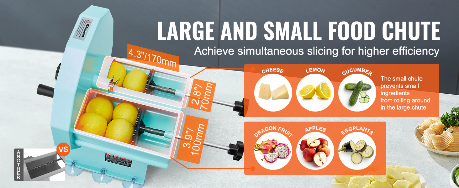 VEVOR vegetable fruit slicer with large and small chutes for efficient slicing of various foods.