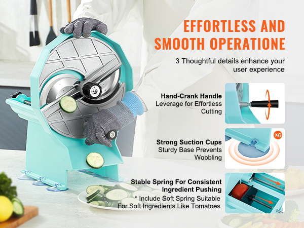 VEVOR vegetable fruit slicer in action with hand-crank handle, strong suction cups, and stable spring features.