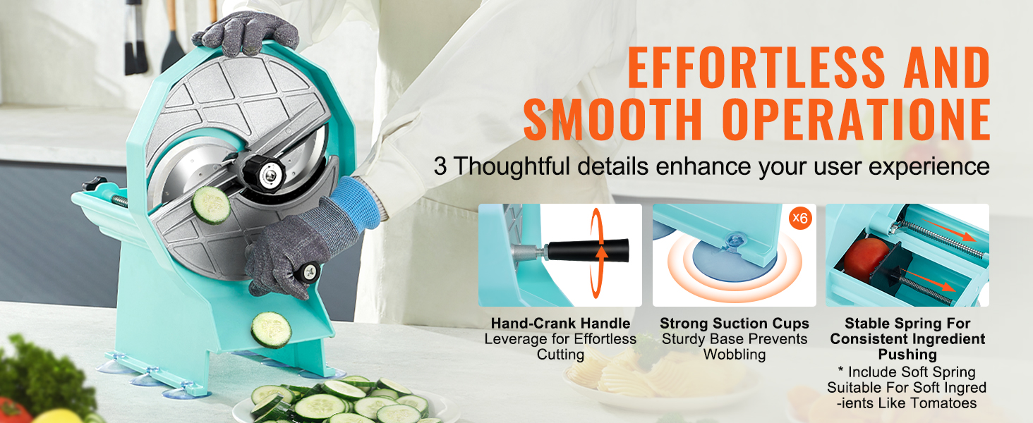 VEVOR vegetable fruit slicer in action with hand-crank handle, strong suction cups, and stable spring features.