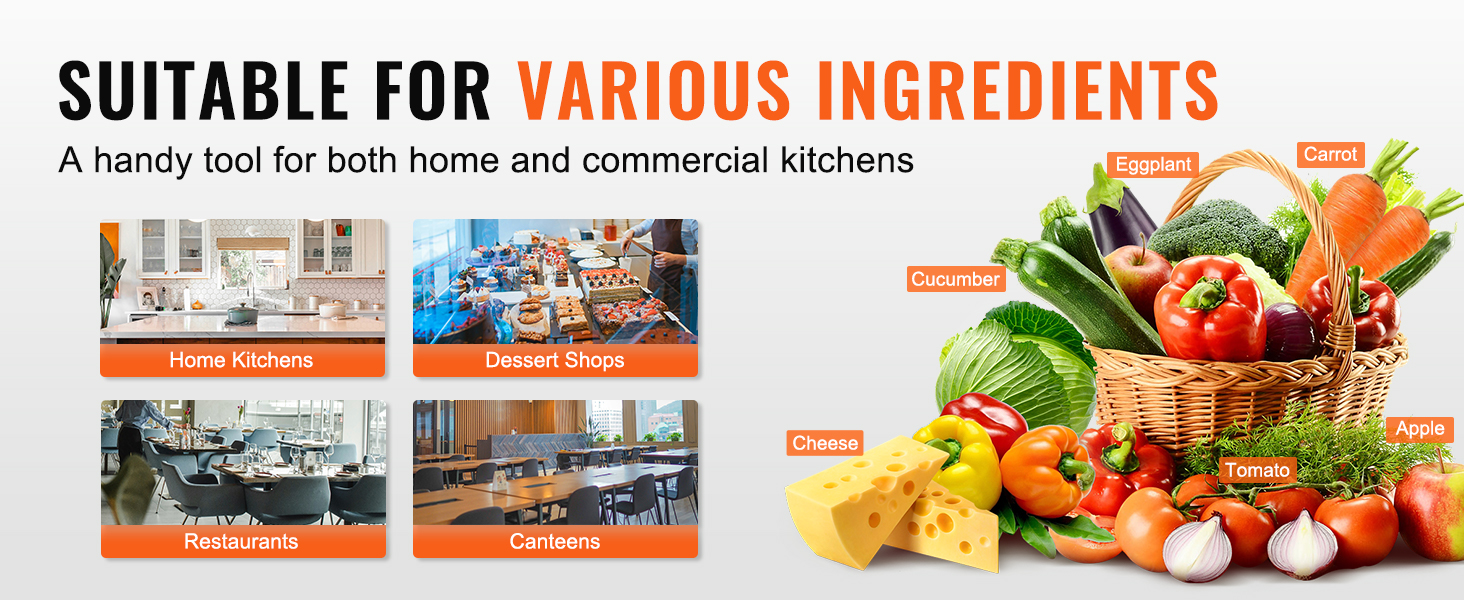 VEVOR vegetable fruit slicer - ideal for home kitchens, dessert shops, restaurants, and canteens.