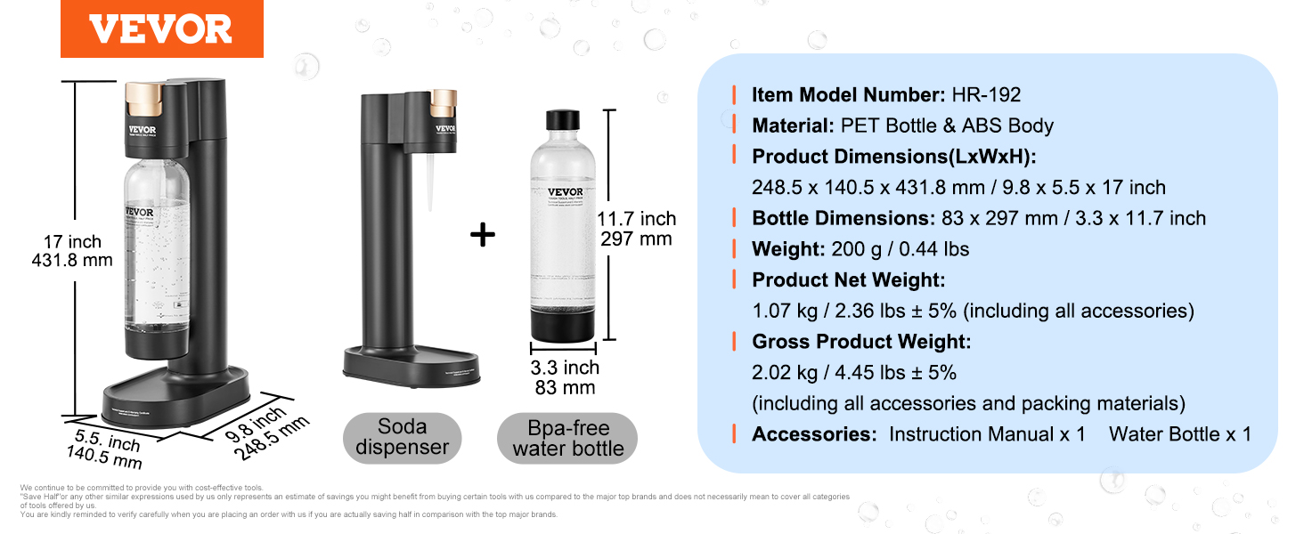 VEVOR sparkling water maker, 17-inch height, with bpa-free water bottle and soda dispenser.