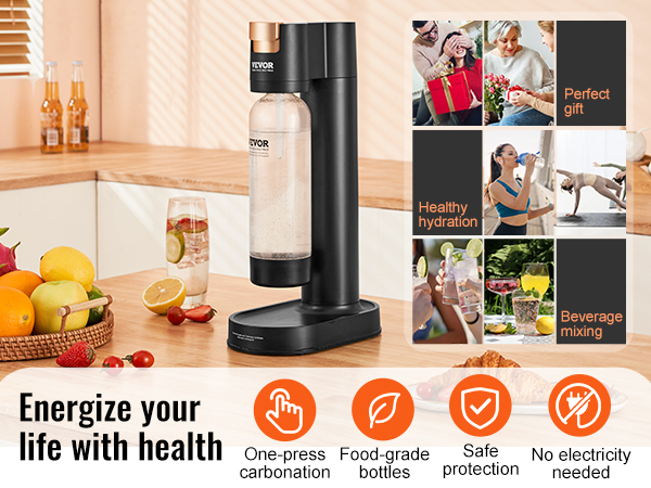 VEVOR sparkling water maker on kitchen counter with fruits, highlighting health benefits and versatility.