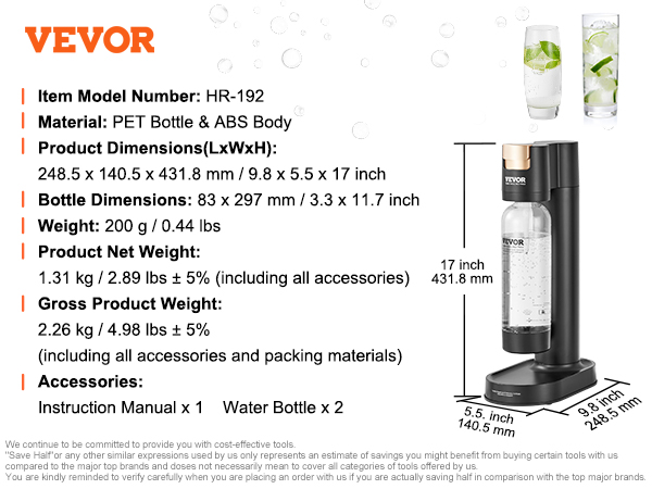VEVOR sparkling water maker with dimensions, bpa-free water bottle, and accessories information.