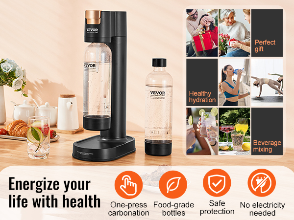 VEVOR sparkling water maker on a kitchen counter with features and lifestyle benefits displayed.