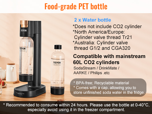 VEVOR sparkling water maker, two pet bottles, co2 compatible, bpa-free, table with fruits and plants.