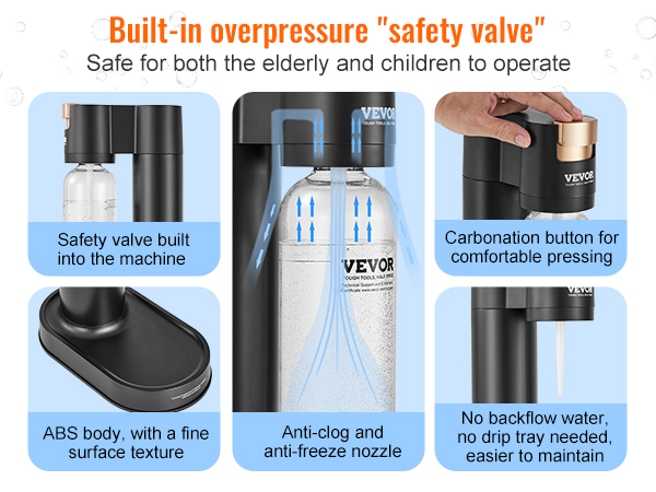 VEVOR sparkling water maker with built-in safety valve, anti-clog nozzle, abs body, and easy carbonation button.