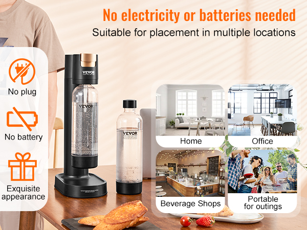 VEVOR sparkling water maker - no electricity or batteries needed, ideal for home, office, shops, and outings.
