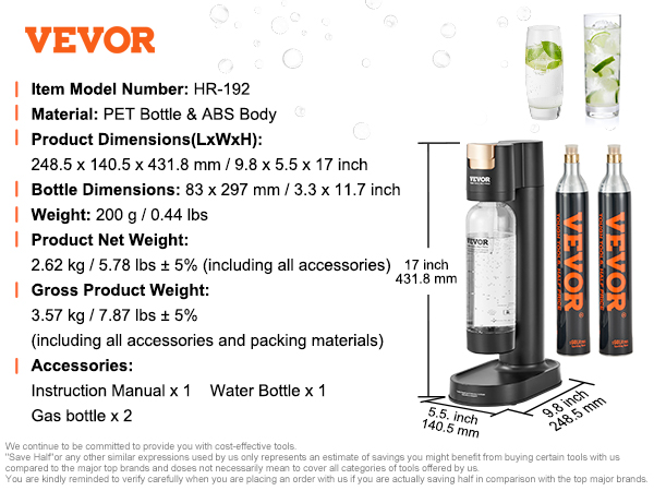VEVOR sparkling water maker set with black soda dispenser, bpa-free water bottle, and gas bottle.