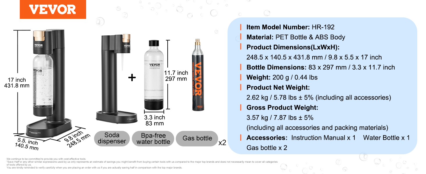 VEVOR sparkling water maker set with black soda dispenser, bpa-free water bottle, and gas bottle.