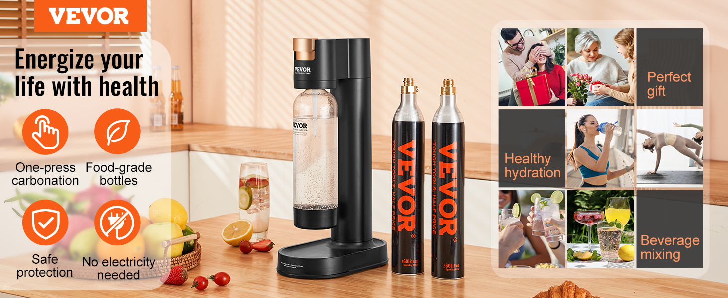 VEVOR sparkling water maker in a kitchen with two extra cylinders, fruit, and beverages nearby.