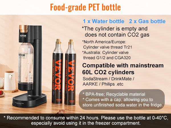 VEVOR sparkling water maker with pet bottle, two co2 gas bottles, and assorted fruits on a wooden table.