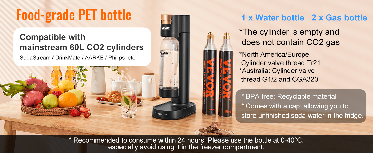 VEVOR sparkling water maker with pet bottle, two co2 gas bottles, and assorted fruits on a wooden table.
