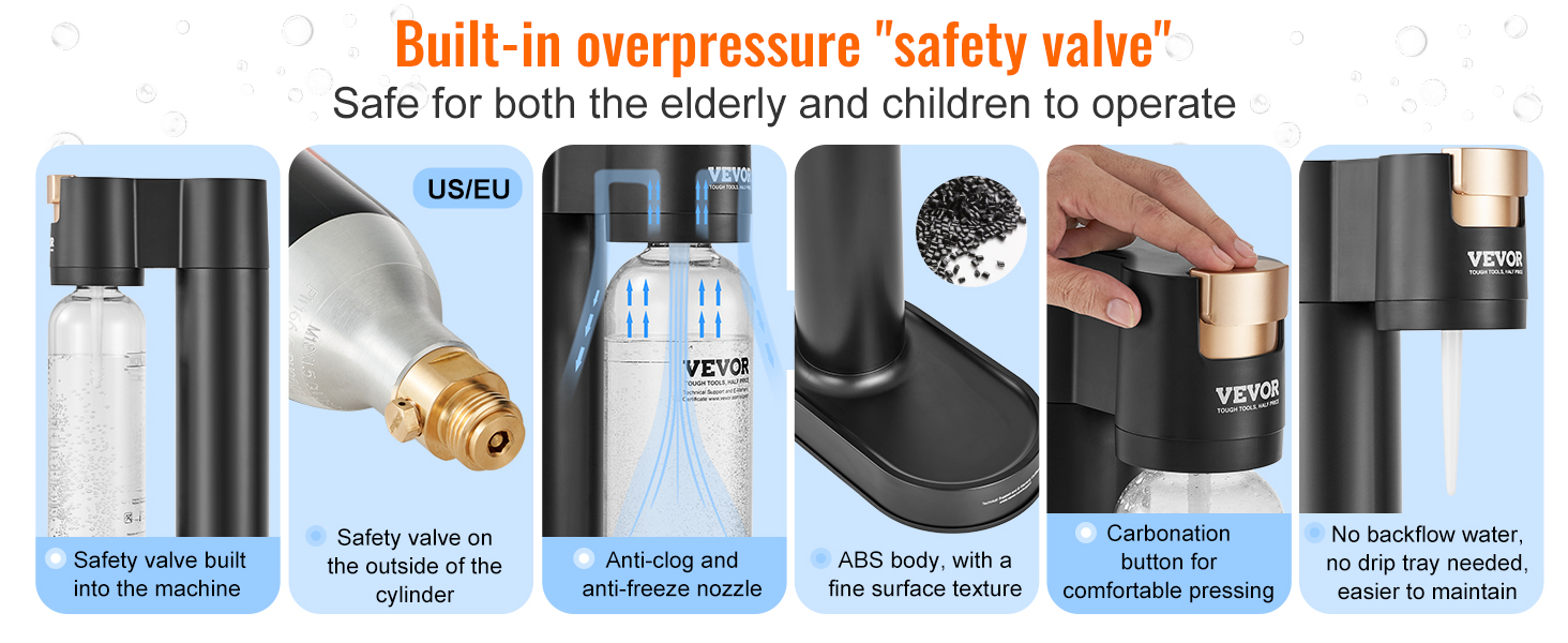 VEVOR sparkling water maker with built-in safety valve, carbonation button, and anti-clog nozzle.