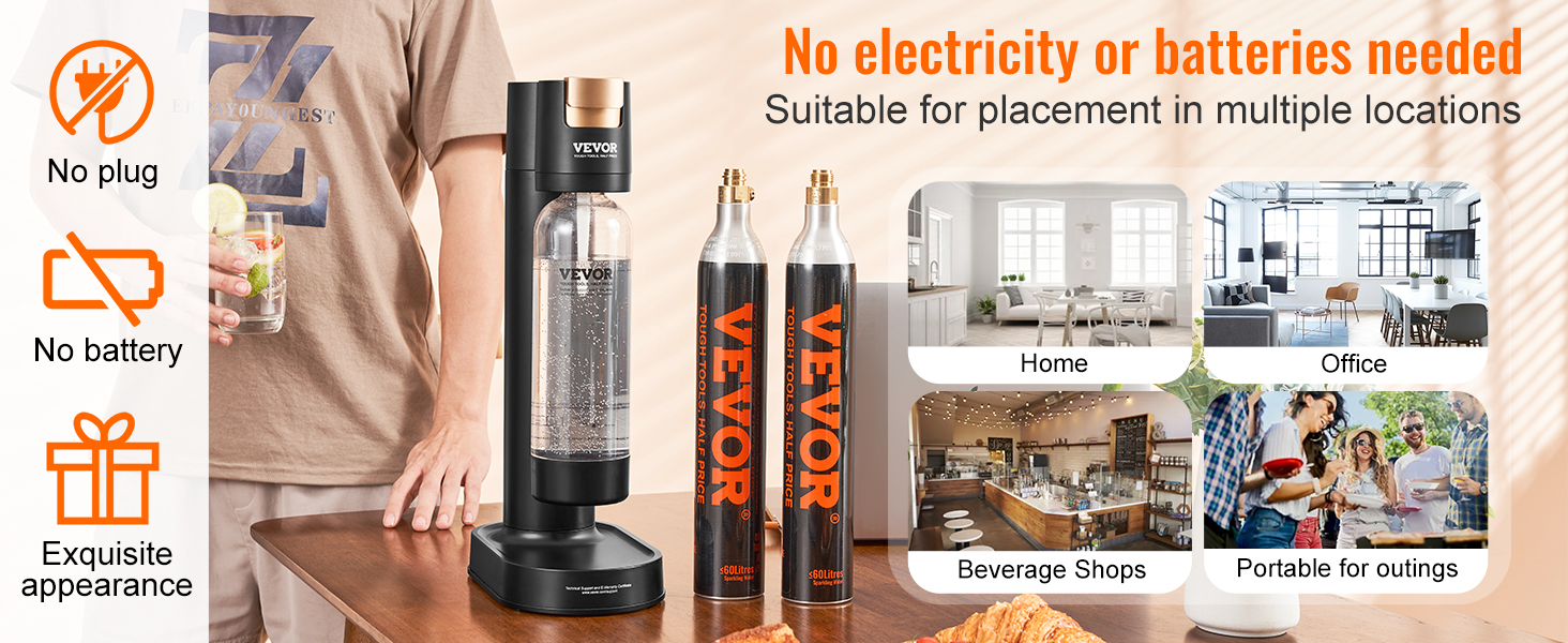 VEVOR sparkling water maker with no plug or battery needed, suitable for home, office, and outings.